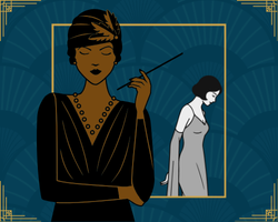 Art Deco-style illustration featuring a person in a black dress with a pearl necklace, holding a long cigarette holder, against a backdrop of a blue patterned design with gold geometric accents, accompanied by another figure in a gray gown in the background.